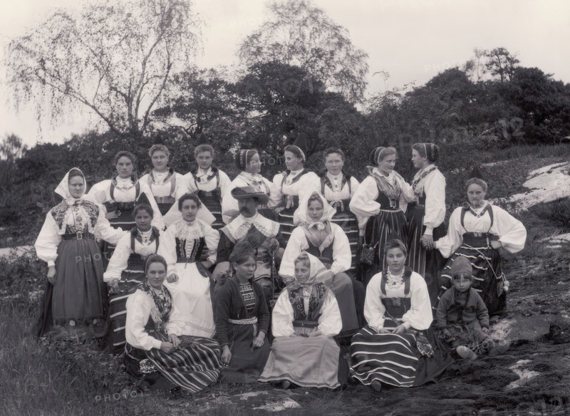 Group picture of the staff at Skansen, hills and a man in the middle, 1896.  Creator: Frans Gustaf Klemming.