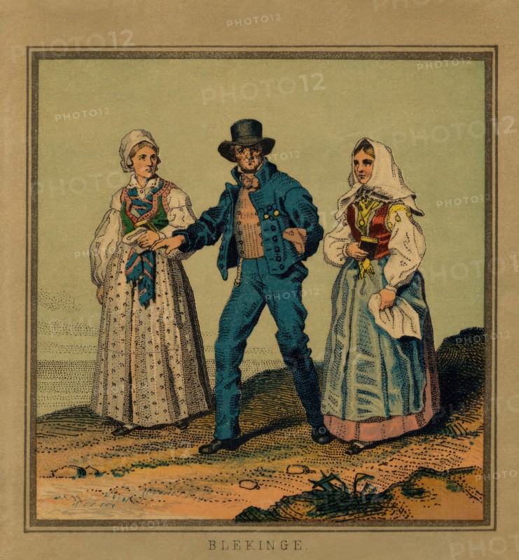 A panel, image of a man who is out for a walk with a woman on each side. (c1900s). Creator: Unknown.