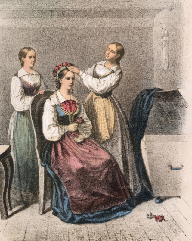 Two women dress a bride, Blekinge.  Creator: Unknown.