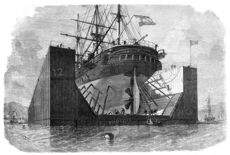 Floating pontoons or dock prepared by Messrs. Rennie and Son for the government of Spain, 1862. Creator: Unknown.