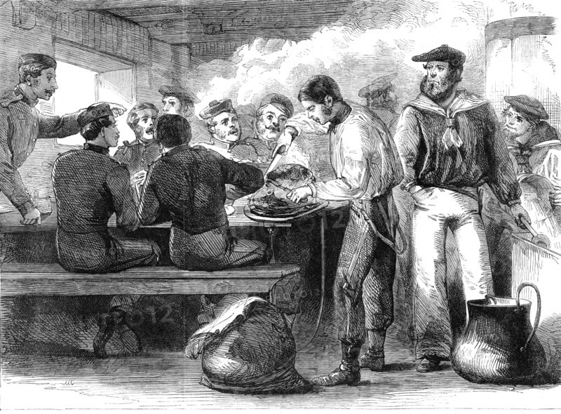 The Reinforcements for Canada: dinner-time and serving out of the grog on board a troop..., 1862. Creator: Unknown.