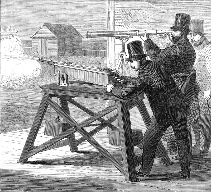 Official trial of small-bore rifles on Plumstead Marshes: the rifle-rest, 1862. Creator: Unknown.
