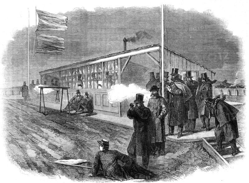 Official trial of small-bore rifles on Plumstead Marshes: firing from the rests, 1862. Creator: Unknown.