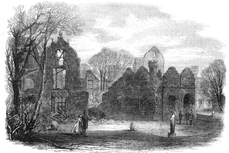The late fire at Campden House: view of the garden front, showing the remains of the theatre, 1862. Creator: Horace Harral.