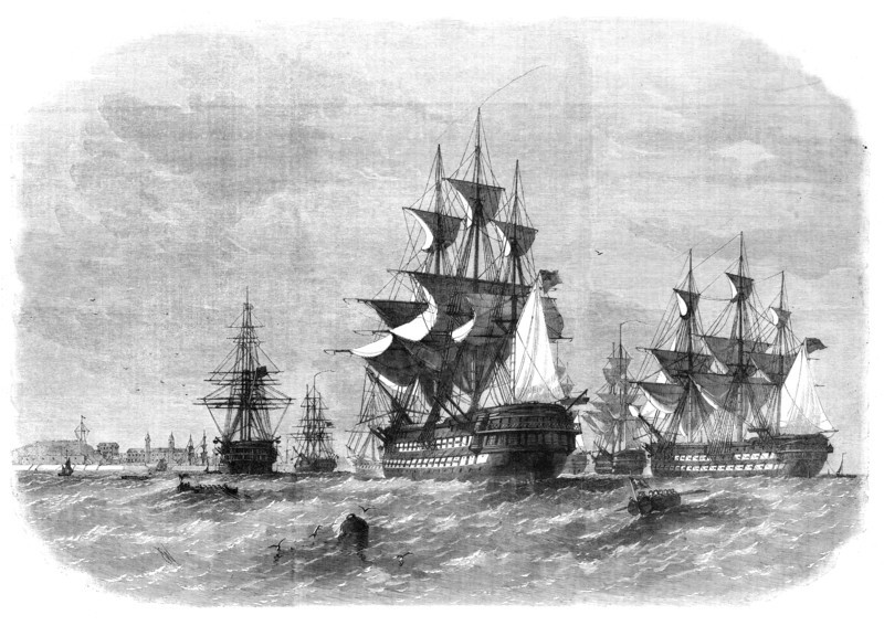 View from Spanish Point, Bermuda, showing the dockyard, and the fleet at anchor in Grassy Bay, 1862. Creator: Unknown.