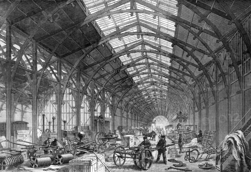 The Eastern Annexe of the International Exhibition Building containing agricultural implements, 1862 Creator: Unknown.