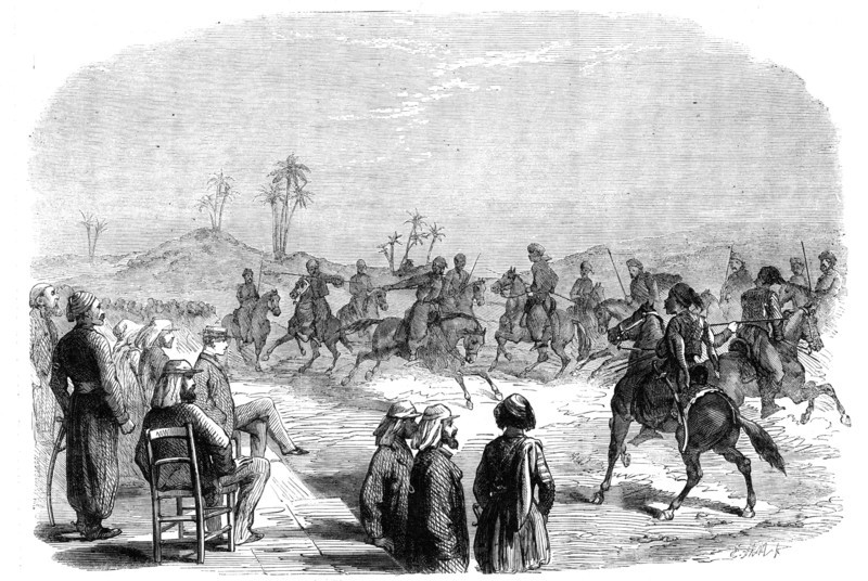 The Prince of Wales in Egypt: Jereed exercise performed by arnouts and arab chiefs..., 1862. Creator: E. Skill.
