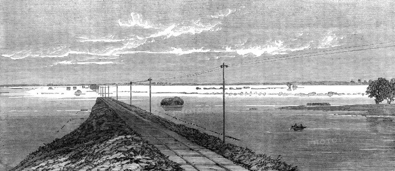 The Flood in the Fens: the submerged railway between Lynn and Wisbeach, 1862. Creator: Unknown.