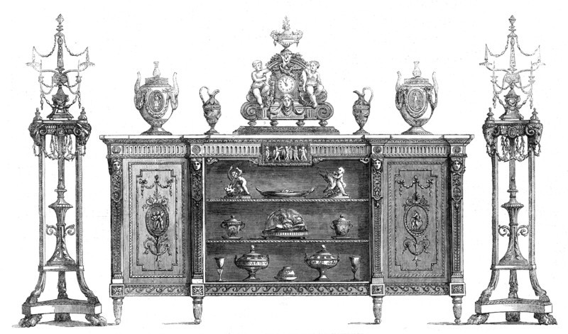 The International Exhibition: cabinet and candelabra by Wright and Mansfield, 1862. Creator: Unknown.