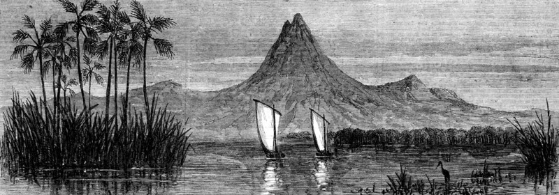 The gig and whaler H.M.S. Gorgon off the high hill of Makanga, in the River Sheri, 1862. Creator: Unknown.