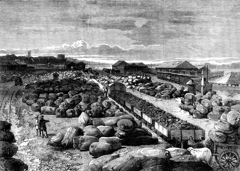 Cotton bales lying at the Bombay terminus of the Great Indian Peninsular Railway, 1862. Creator: Unknown.