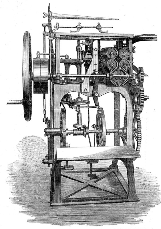 The International Exhibition: Gruner's patent folding, stitching and pressing machine, 1862. Creator: Unknown.