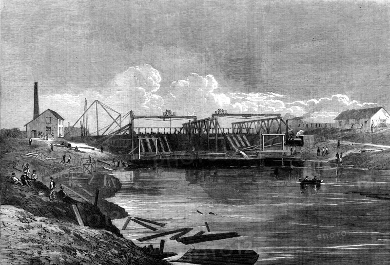The Inundation in the Fens: the syphon dam of the middle-level drain, 1862. Creator: Unknown.