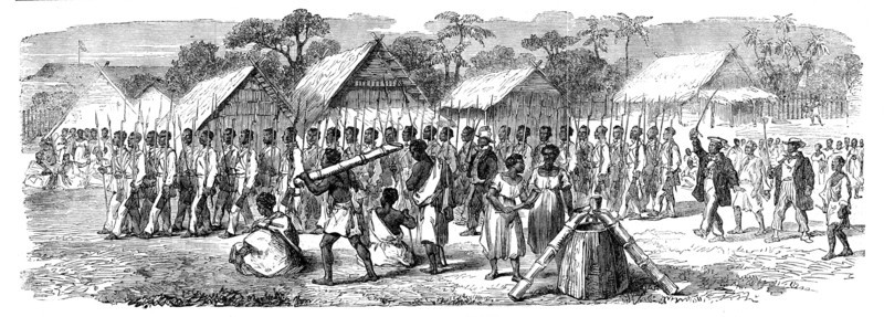 Procession of the British Envoys to Madagascar from the seashore to the Fort of Tamatave..., 1862. Creator: Unknown.