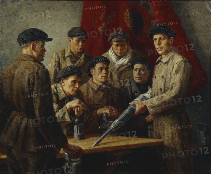 Before shift work. Stakhanov Brigade, 1937. Creator: Ryazhsky, Georgi Georgievich (1895-1952).