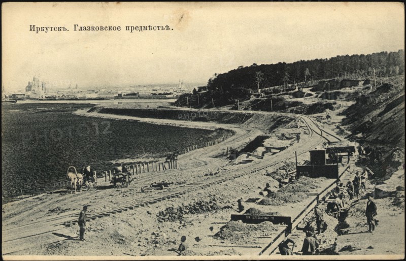 View of the city of Irkutsk from the Irkutsk Bridge. Glazkovskoe suburb, 1900-1904. Creator: Unknown.