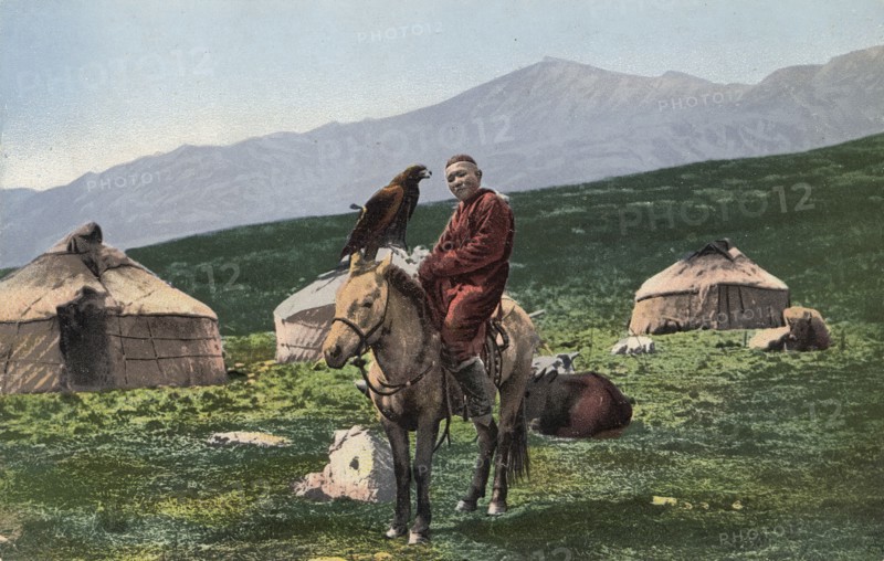 Kazakh with a Golden Eagle, on a Horse with Yurts in the Background, Valley of the Arakan...,1911-13 Creator: Sergei Ivanovich Borisov.