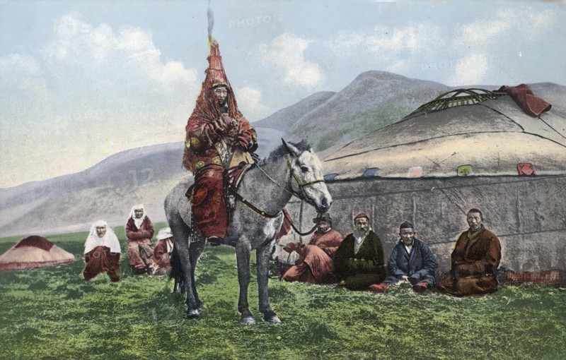 Kazakh Woman in Wedding Clothes on a Horse, 1911-1913. Creator: Sergei Ivanovich Borisov.