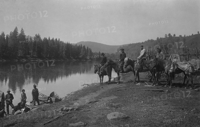 The Land-Management Expedition Boats and Horses on the Mrassu River Shore, Near the Ulus..., 1913. Creator: GI Ivanov.