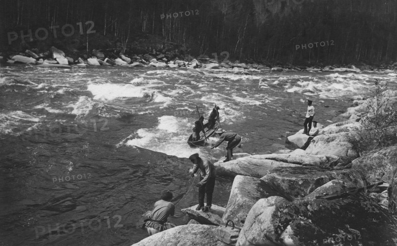 A Land-Management Expedition Boat Passing a Mrassu River Rapids, 1913. Creator: GI Ivanov.