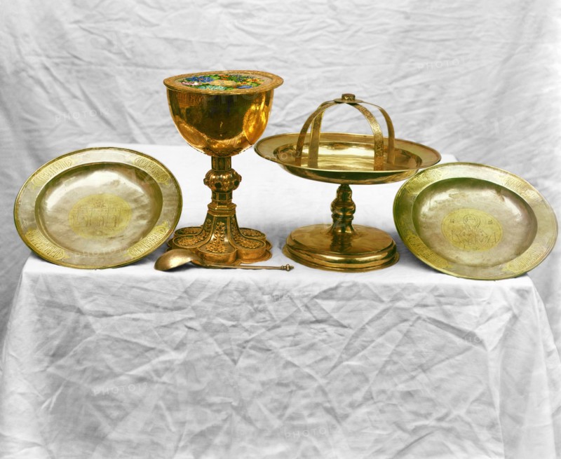 Silver vessels, in the vestry of the Ipatievsky Monastery, Kostroma, 1911. Creator: Sergey Mikhaylovich Prokudin-Gorsky.