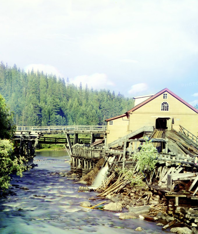 Sawmill on the Kumsa River near the Medvezhia Gora Station, 1915. Creator: Sergey Mikhaylovich Prokudin-Gorsky.