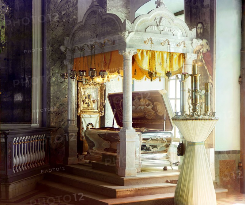 Sepulchre of the Venerable Dimitrii Rostovskii with relics, Yakovlevsky Savior ..., 1911. Creator: Sergey Mikhaylovich Prokudin-Gorsky.