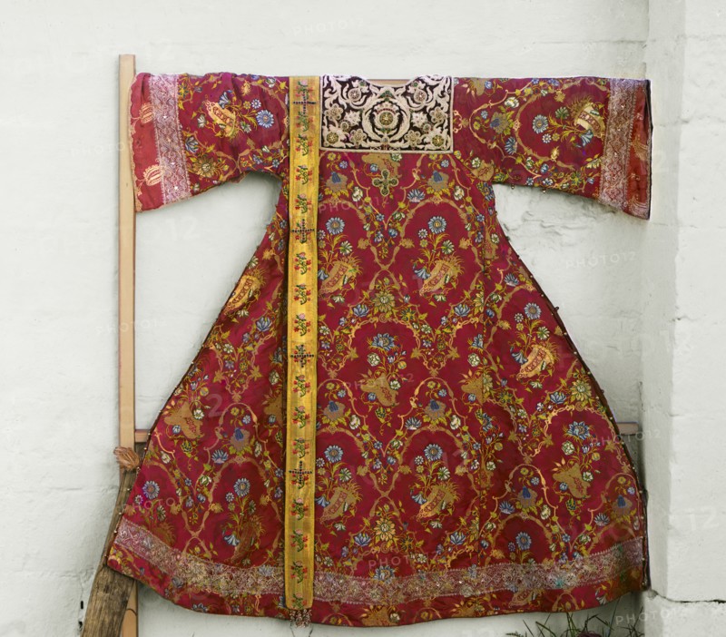 Surplice sewn by tsarevnas, the sisters of Peter the Great, Trinity Monastery, Aleksandrov, 1911. Creator: Sergey Mikhaylovich Prokudin-Gorsky.