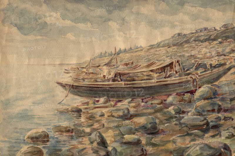 Boats on the banks of the Yenisei, 1928. Creator: Dmitrii Innokent'evich Karatanov.