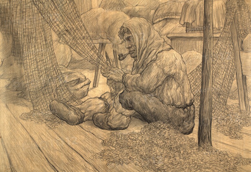 Repairing the net inside the hut, 1928. Creator: Dmitrii Innokent'evich Karatanov.