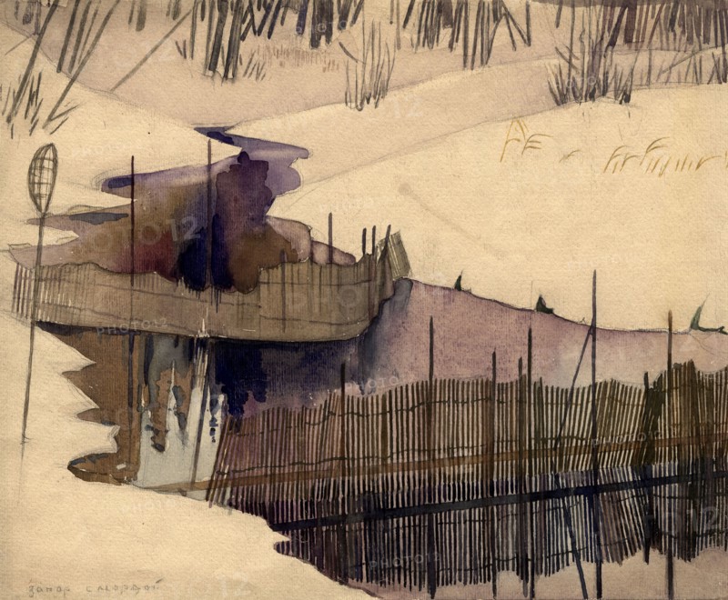 Blocked stream with weir in winter. Selkups, 1920. Creator: A. G. Vargin.