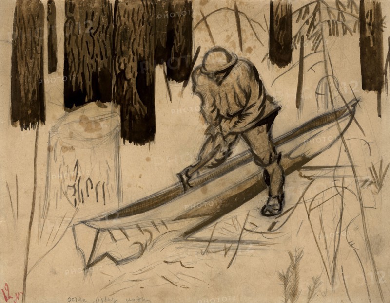 Selkup makes a boat, Selkups, 1920. Creator: A. G. Vargin.