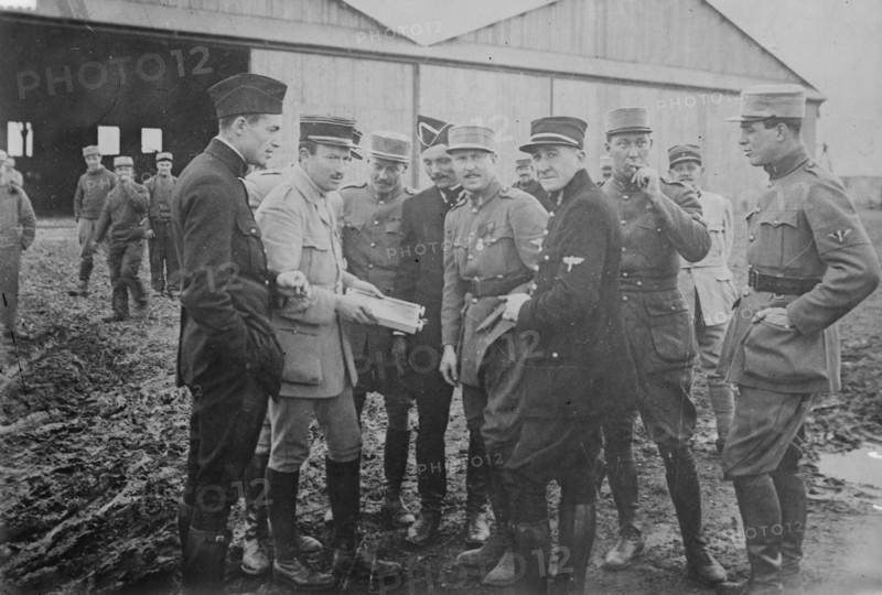 1. K. Rockwell, 2. Capt. Thenault, 3. Norman Prince, 4. Lieut. DeLaage, 5. Sgt. E, Cowdin..., 1916. Creator: Bain News Service.