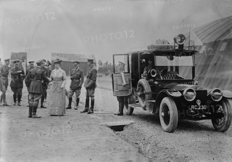 Queen Mary visits aerodrome shed, 5 Jul 1917. Creator: Bain News Service.