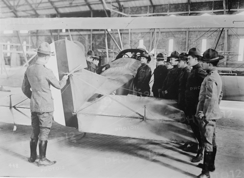 Studying aeroplane [i.e. airplane] rudder, 1917 or 1918. Creator: Bain News Service.