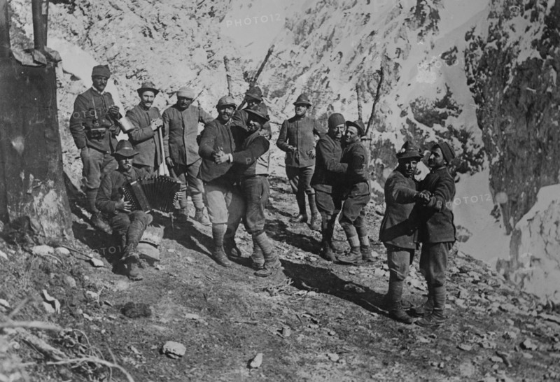 Italian soldiers' amusements at mountain outpost, between c1915 and c1920. Creator: Bain News Service.