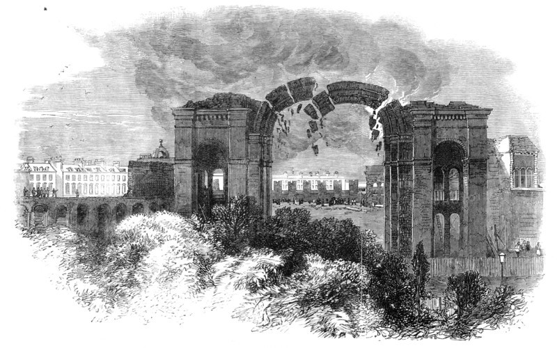 Blowing up the Eastern Arch of the Great Exhibition Building, 1864. Creator: Unknown.