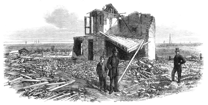 The explosion of a gunpowder magazine near Erith: ruins of Silver's house, 1864. Creator: Unknown.