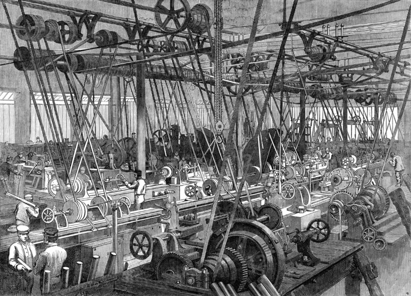 Stephenson's locomotive manufactory at Newcastle-On-Tyne: the lathe and tool shop, 1864. Creator: Unknown.