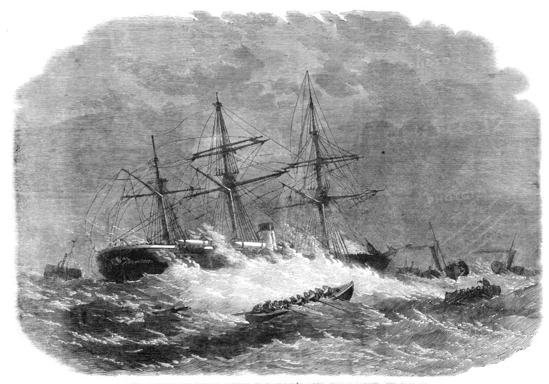 The screw-steamer Ontario aground on Hasborough Sands, near Yarmouth, 1864. Creator: Unknown.