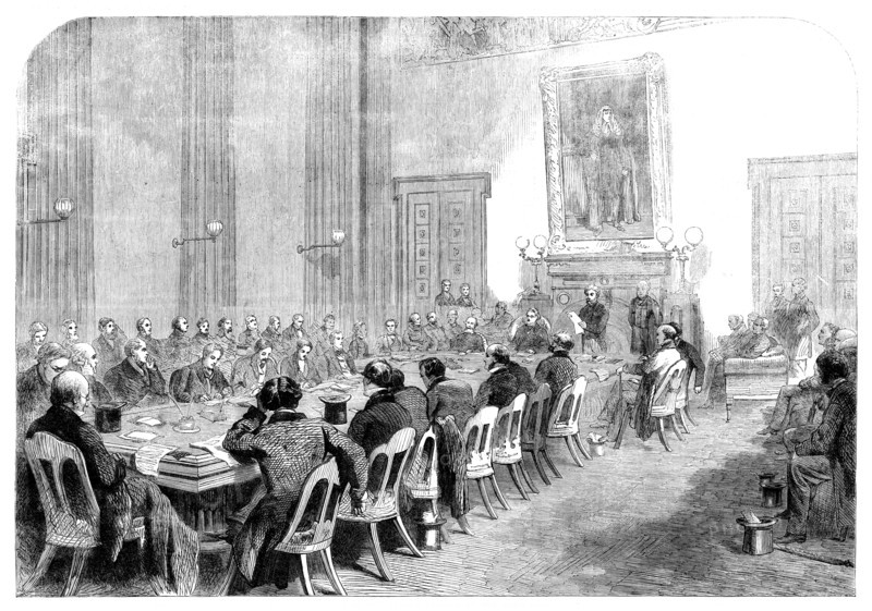 The Cotton Famine: meeting of the central relief committee...Manchester townhall..., 1862. Creator: Unknown.