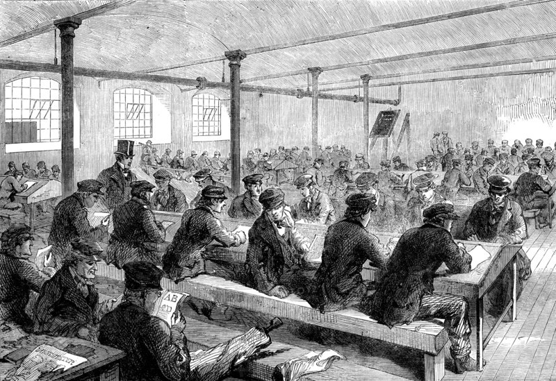 The Cotton Famine: school for mill operatives at Mr. Stirling's mill...Manchester, 1862. Creator: Unknown.