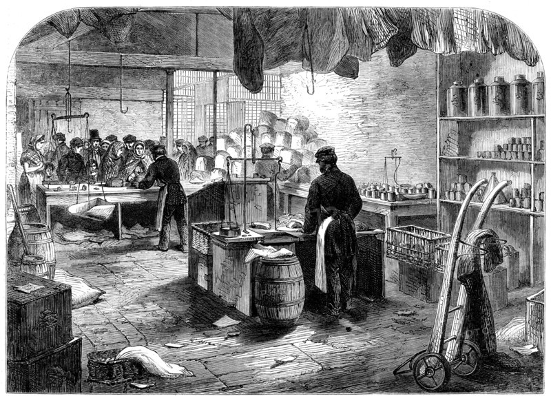 The Cotton Famine: shop for mill-hands at Mr. Birley's mill, Manchester, 1862. Creator: Unknown.