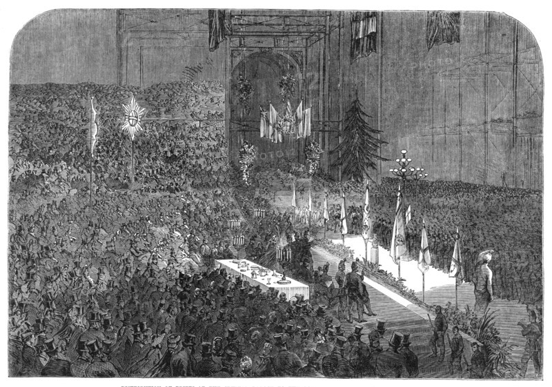 Distribution of prizes at the Crystal Palace to the London Rifle Brigade on Saturday last, 1864. Creator: Unknown.