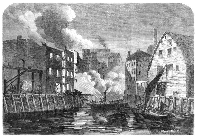 Scene of the fire at Dockhead, Bermondsey, sketched on Saturday morning, 1864. Creator: Unknown.