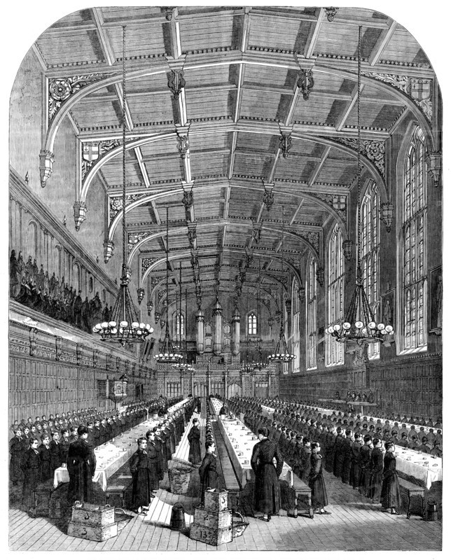 The Great Schools of England: the dining-hall at Christ's Hospital...singing a hymn, 1862. Creator: Unknown.