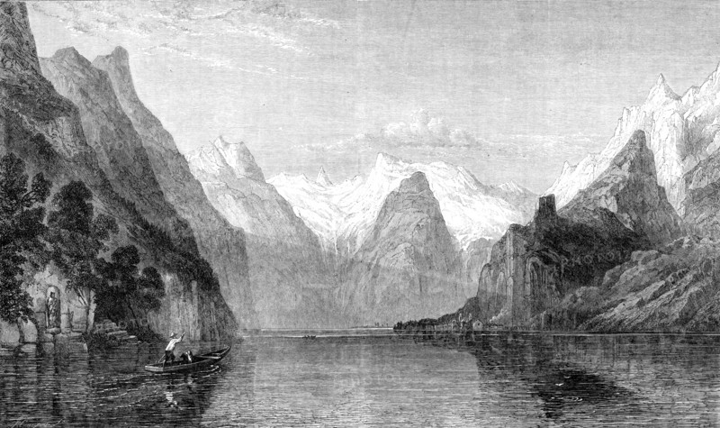 Sunrise on the Königs See, Berchtesgaden, Bavarian Alps, by W. C. Smith, in the exhibition...1864. Creator: J Cooper.