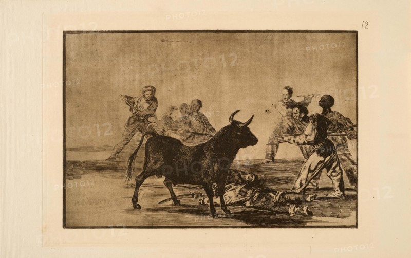 La Tauromaquia: The Rabble Hamstring the Bull with Lances, Sickles, Banderillas and..., 1815-1816. Creator: Goya, Francisco, de (1746-1828).
