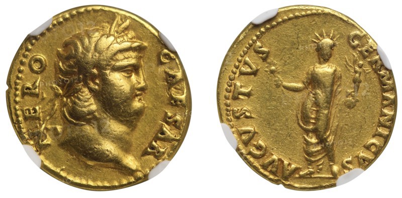 Aureus of Emperor Nero. Obverse: Laureate head of Nero. Reverse: The Colossus of Nero , 54-68. Creator: Numismatic, Ancient Coins  .