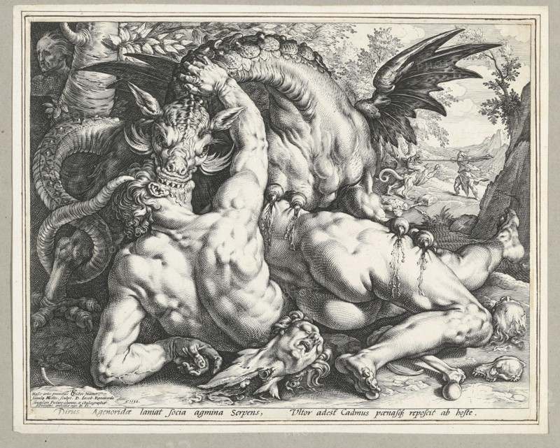 Two Followers of Cadmus devoured by a Dragon. (After Cornelis Cornelisz van Haarlem), 1588. Creator: Goltzius, Hendrick (1558-1617).